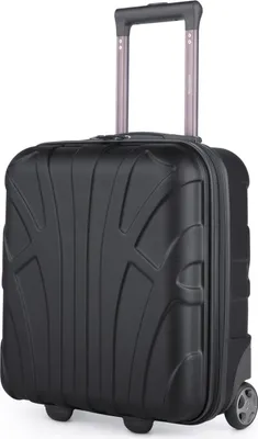 A black carry-on suitcase with a retractable handle and wheels, shown from a diagonal front view against a white background.