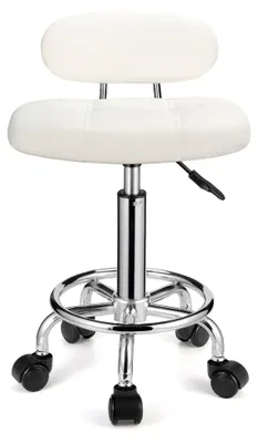 Produktbild von Höhenverstellbarer Eckiger Rollhocker mit Lehne, Drehhocker mit Rollen, WEIß