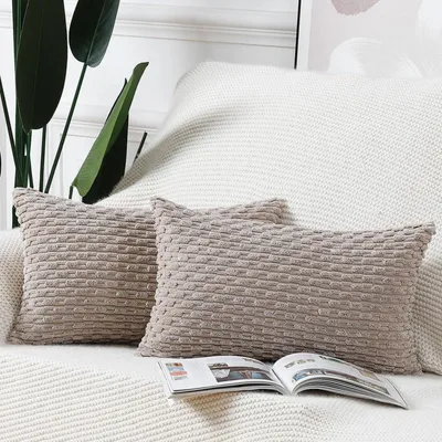 Obrázek produktu pro Dva povlaky na polštáře v bohémském stylu, pruhované, měkké, s dekorativním propletením, barva taupe, rozměry 30 x 50 cm