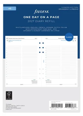 Image de Recharge d'agenda FILOFAX 2027 - A5 - 1 jour / 1 page - blanc - multilingue