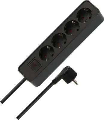 A black power strip with four outlets and a switch, along with its angled plug and cable, is shown against a white background.