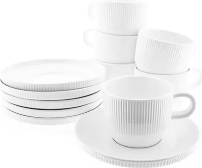 Produktbild von 12er Mokkatassen Set mit Untertasse in Weiß mit Riffle Design 100 ml mit Henkel