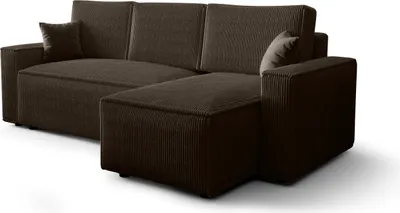 A brown sectional sofa with a chaise lounge is shown against a white background.