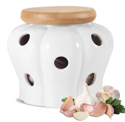 Immagine prodotto di Portaaglio in Vetroceramica - Barattolo per aglio e cipolle - 6,5 x 11 cm - Bianco - Con coperchio in bambù