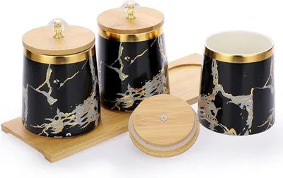 Produktbild von Keramische opbergbus mit Holzdeckel und Servierteller - 3 Stück Kaffeetee- und Zuckerbehälter - Vorratspott mit Glasgriff