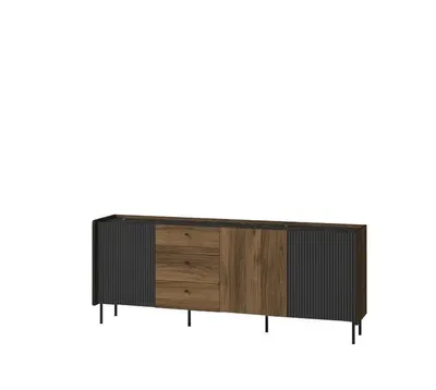 Produktbild von Kommode PRESTON II, Sideboard mit Stauraum, Wohnzimmerschrank mit Türen und Schubladen, Modernes Design mit Lamellenfront, Warmia Nussbaum und Schwarz