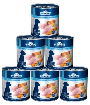 Produktbild von Dehner Premium Hundefutter Light, Nassfutter fettreduziert, für übergewichtige Hunde, Huhn / Karotte, 6 x 800 g Dose (4.8 kg)