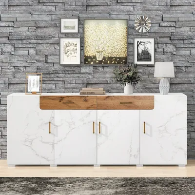 Produktbild von Sideboard Küchenschrank Aufbewahrungsschrank 208 x 39.5 x 80 cm Kommode mit 4 Türen 2 Schubkästen Buffets Weiß