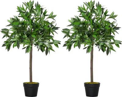 Produktbild von 2er-Set Künstlicher Lorbeerbaum, 90 cm, Kunstpflanzen im Zementtopf, Kunststoff-Pflanzen für drinnen und draußen, Grün