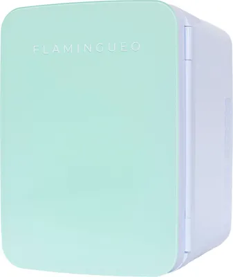 A small, mint green cosmetic refrigerator with the brand name "FLAMINGUEO" embossed on the front.