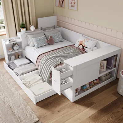 Produktbild von STILVORA 140x200 Kinderbett mit 2 Ausziehschubladen und Nachttischen,Jugendbett mit Stauschränken,Stauraumbett für Jugendliche,ohne Matratze,weiß