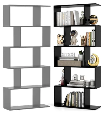Produktbild von Stehendes Bücherregal mit 5/6 Ebenen, S-Form, Aufbewahrungsregal aus Holz für Wohnzimmer, Büro und Arbeitszimmer (Schwarz, 5 Ebenen)