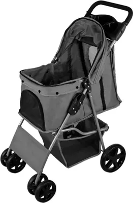 Obrázek produktu pro Skládací kočárek pro psy | do 15 kg | 4 kola: 2x otočná o 360°, 2x brzdy | Pro psy a kočky | S karabinami, síťovanými okny, odnímatelným polštářem, úložným košíkem, držákem na nápoje a pláštěnkou [šedá]