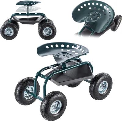 A collage of three images showing a green garden stool with wheels.