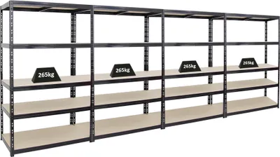 Produktbild von Mega Deal | 4x Schwerlastregal Giant Tiger | HxBxT 200x120x60cm | Fachlast 265kg | 5-Ebenen | Schwarz | Garagenregal, Lagerregal, Steckregal, Kellerregal, Werkstattregal