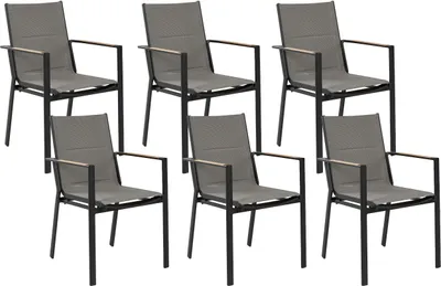 Produktbild von BELIANI Gartenstuhl 6er Set Schwarz Aluminium mit Bespannung Grau Stoff Armlehnen Holzoptik Stapelbar Modern Outdoor Indoor Terrasse Balkon Ausstattung