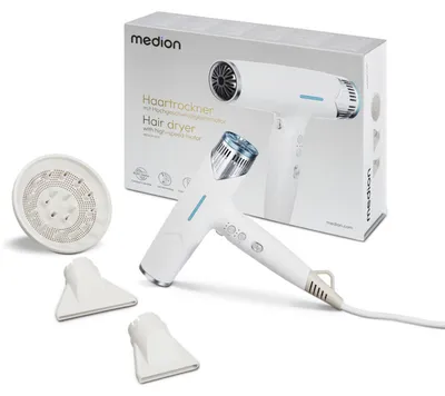 Image de MEDION Föhn - Sèche-cheveux ionique avec diffuseur HD2 (ions, 1.500 watts, buse de styling, accessoires polyvalents, moteur BLDC silencieux et durable, fonction autonettoyante, long cordon d'alimentation) Sèche-cheveux blanc