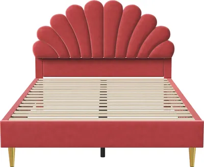 Image de CDGlobal Lit rembourré 140x200cm avec tête de lit réglable en hauteur et sommier à lattes, tête de lit en forme de fleur Lit simple pour enfants et adultes, rouge
