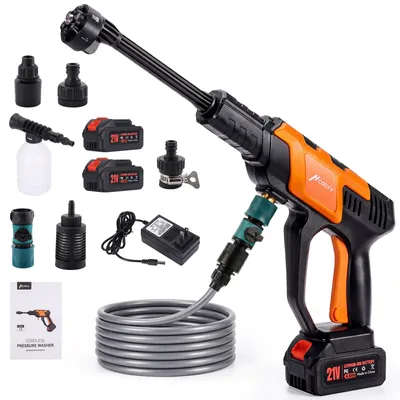 Obrázek produktu pro Akumulátorový vysokotlaký čistič Hcalory-T2, bezkartáčový motor 230 W, max. tlak 175 bar, připojení na vodovodní kohoutek, 2 akumulátory 4000 mAh, 4 stupně tlaku, tryska 6 v 1 + nádržka na pěnu