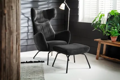 Produktbild von KAWOLA Sessel LOTTE Ohrensessel velvet schwarz mit Hocker