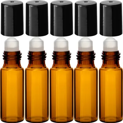 Produktbild von 5x Glasfläschchen braun 5 ml Roll-on mit schwarzer Kappe Miniflasche