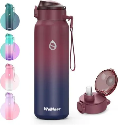 Produktbild von Famanu Isolierte Wasserflasche 1L mit Abnehmbarem Strohhalm - Doppelwandig Edelstahl