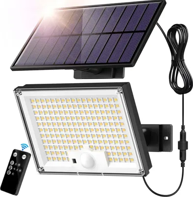 Obrázek produktu pro Solární venkovní světlo se 172 LED, 3 režimy svícení, detektor pohybu, vodotěsnost IP65, LED solární reflektor s 5-m-kabelem pro zahradu a garáž