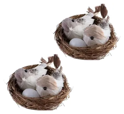 Produktbild von Set aus 2 dekorativen Vogelnestern mit Vögeln und Eiern