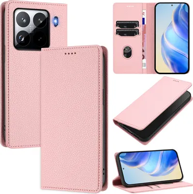 Produktbild von Litchi Leder Handyhülle für Xiaomi 15 Pro Wallet Kartenfächer Standfunktion Hülle Pink