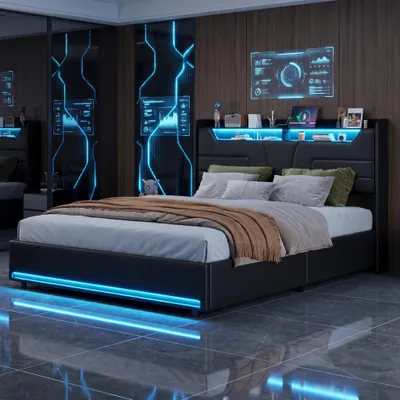 Produktbild von INONEFT Boxspringbett 140x200cm mit LED und USB-Ladegerät,Stauraumbett mit Bettkasten,Hydraulischbett Polsterbett mit Stauraum/Lattenrost, PU, Schwarz