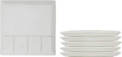 A white divided plate and a stack of white plates.