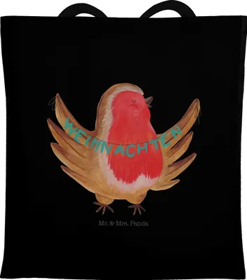 Produktbild von Mr. & Mrs. Panda Tote Bag Rotkehlchen Weihnachten - Schwarz - Geschenk, umhängebeutel, Weihnachtsmotiv, Frohe, Stoffbeutel, Tragetasche, Einkaufstüte, Winter, Schultasche