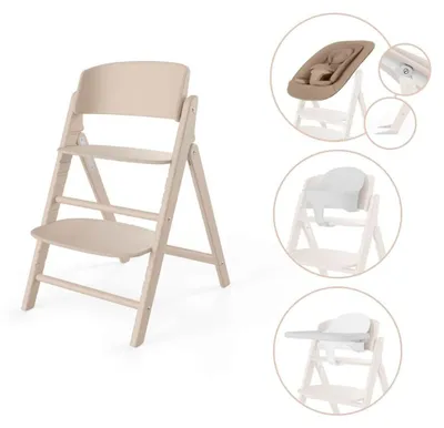 Zdjęcie produktu dla CYBEX Click & Fold 4-in-1, Wielofunkcyjne wysokie krzesełko dziecięce, Obite siedzisko, Naturalny, Monochromatyczny, 5-punktowy, Drewno