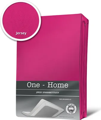 A folded pink magenta fitted sheet is shown against a white background. A circular inset shows a close-up of the fabric texture with the word "Jersey" printed on it. Text at the bottom of the image indicates brand and product details.