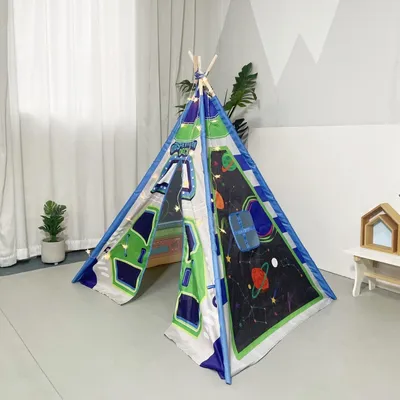 Immagine prodotto di Tenda gioco a forma di teepee per bambini, con design a tema spaziale e razzo