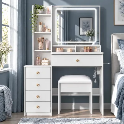Productafbeelding van GLIESE Schminktafel met LED-verlichting, spiegel met instelbare helderheid, 5 lades, 3 lichtstanden en een beklede kruk, wit