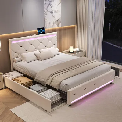 Image de ProximaX lit rembourré 140x190cm avec fonction de chargement, LED, 4 tiroirs, lit double pour adolescents avec sommier à lattes, lit en bois lit de rangement Lit classique, velours, beige