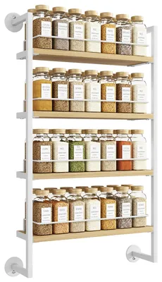 Produktbild von Wandmontiertes Gewürzregal, 4 Ebenen, Holz, zur Wandmontage, Organizer für Küche, Schranktür, Badezimmer, Speisekammer