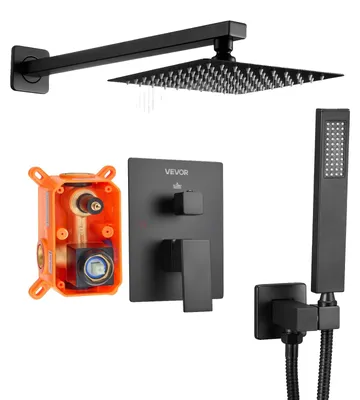 Immagine prodotto di VEVOR sistema doccia a pioggia per il bagno Sistema doccia con soffione a pioggia quadrato da 203 mm e doccetta, rubinetteria a parete per il bagno con valvola in ottone e set decorativo, nero opaco