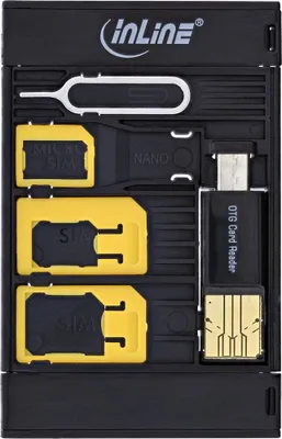 Image de InLine® 35091 SIM-BOX, Adaptateur de carte SIM et boîte d'accessoires avec lecteur de carte OTG