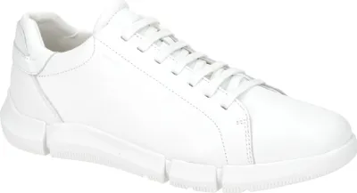A white leather sneaker is shown from a side angle against a white background.