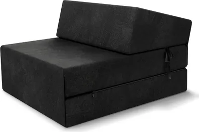 A black folding mattress/sofa shown from a three-quarter angle.