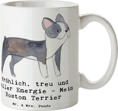 Produktbild von Mr. & Mrs. Panda Kaffeetasse Boston Terrier Freude - Weiß - Geschenk, intelligenter Hund, verspielter, Teetasse, Familienhund, Becher, Hunderassen Eigenschaften, Glück