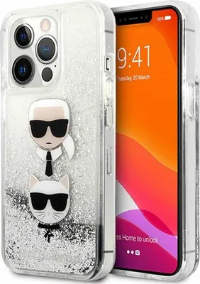 A clear product shot of a phone case with glitter and cartoon characters.