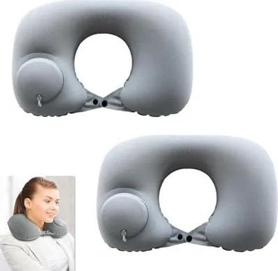 Produktbild von 2er Set Aufblasbares Reisekissen Nackenkissen für Flugzeug Reisen, Aufblasbares Nackenhörnchen, Camping Büro mit Verstellbarem Ventil Stütze für Nacken Rücken Taille Faltbar mit beflockter Oberfläche