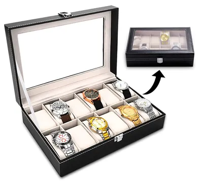 Productafbeelding van Horlogebox met 12 vakken, glazen inzetstuk, voor het opbergen van sieraden, horlogeorganizer
