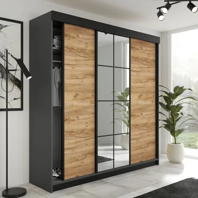 Produktbild von KIER FURNITURE Schiebegarderobe LAMARO mit Spiegel. Schrank Schlafzimmer 200x205x59cm