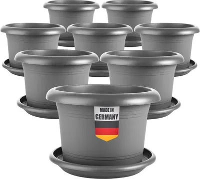Produktbild von 8er Set Pflanzkübel für Außen 30cm Durchmesser - Groß Anthrazit Tomatentöpfe Blumentöpfe mit Untersetzer aus Kunststoff