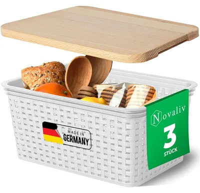 Produktbild von Novaliv 3er Set Aufbewahrungsbox mit Holzdeckel Küche 5L Weiß Kunststoff Rattan-Optik Küche Aufbewahrung & Organisation BPA-Freie Schrank Organizer Ordnungsboxen für Teebeutel Snacks Gewürze