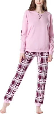 Produktbild von Merry Style Damen Schlafanzug Zweiteiler lang Pyjama Langarm Lange Hose mit Muster MS10-168 (Rosa-Kariert, XL)